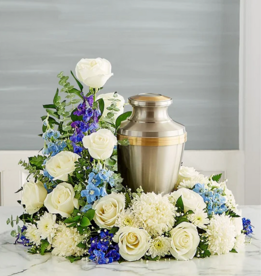 Blue and White Cremation  Wreath Display
