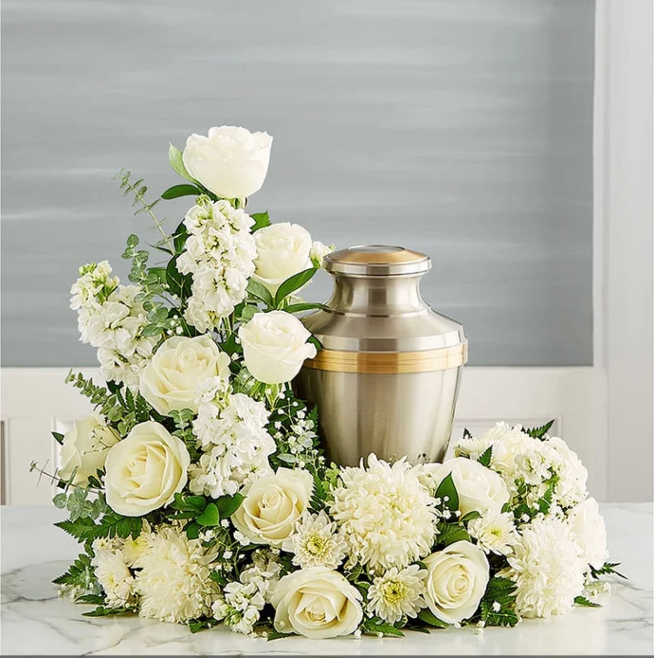 All White Cremation Wreath Display