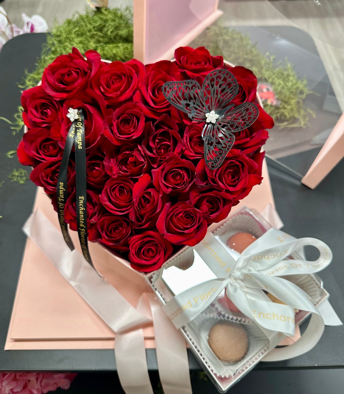 Pink Flowers Heart Box with Macaroons